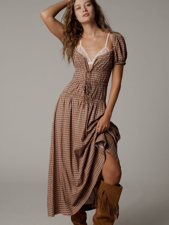 Reformation Dresses & Skirts - Reformation Brown Gingham Puff-Sleeve Maxi Dress